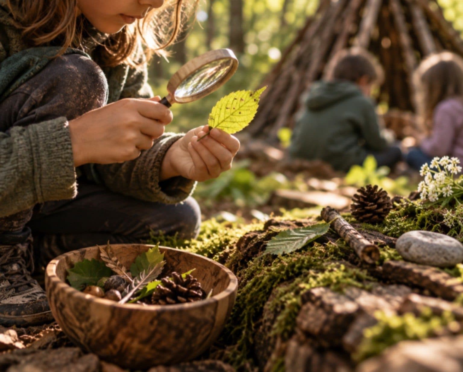 A child looking at a leaf through a magnifying glass in woodland