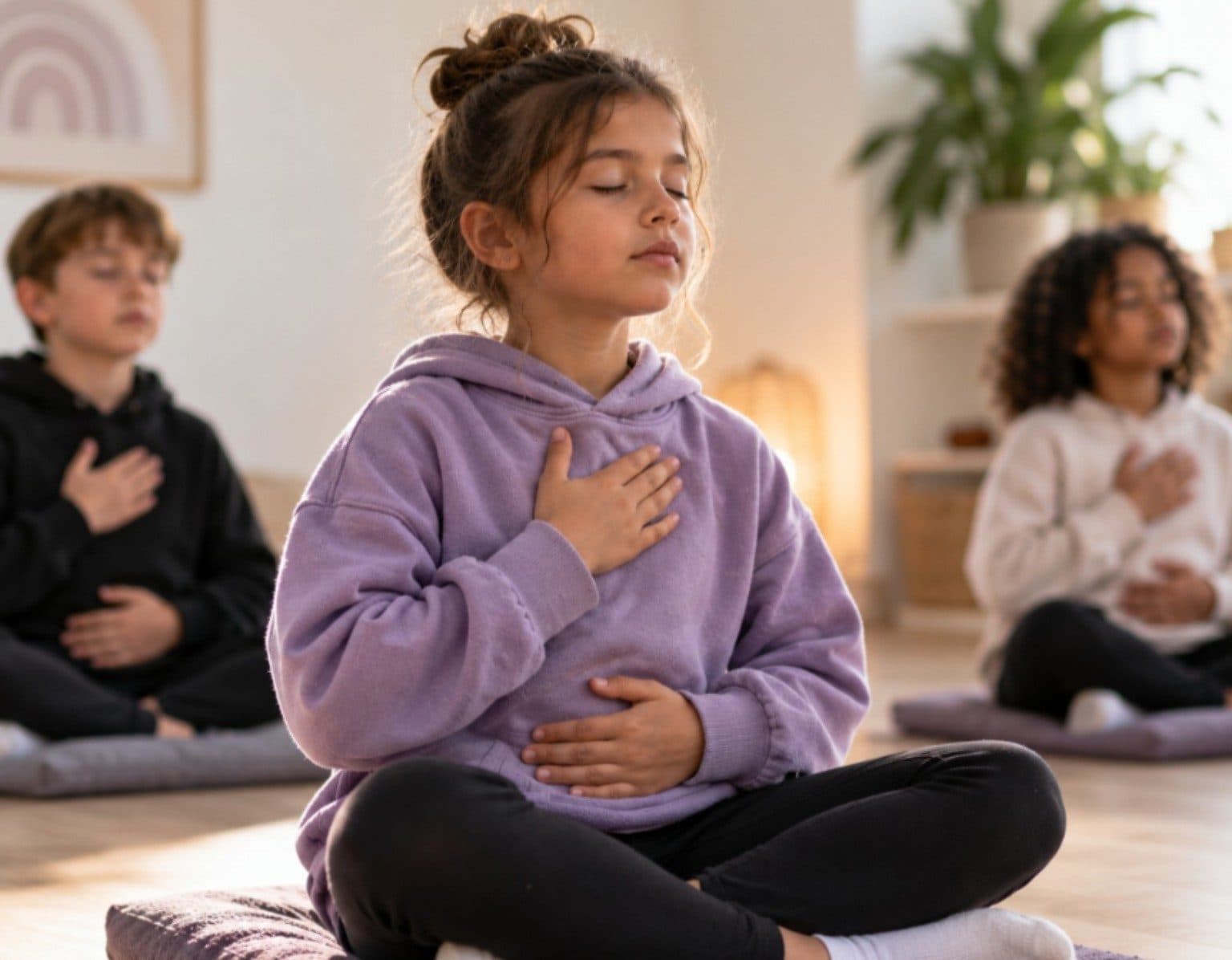 Children sitting cross-legged with their hands on their chests, practising calm breathing
