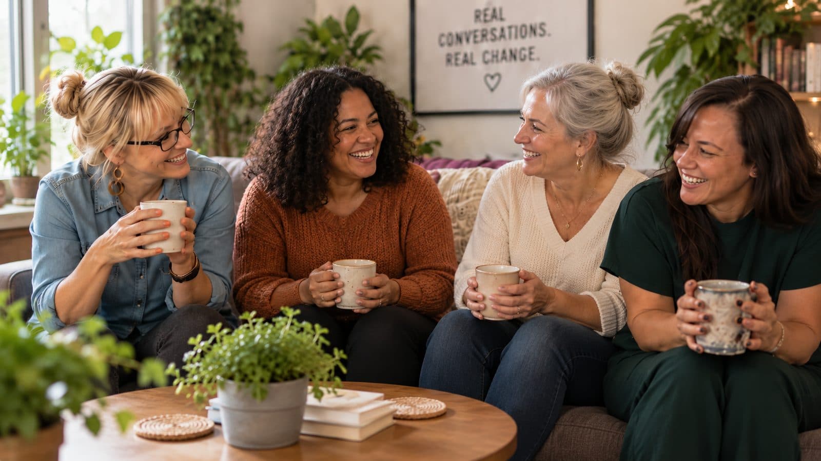 Four women talking and laughing together over mugs of tea on a sofa