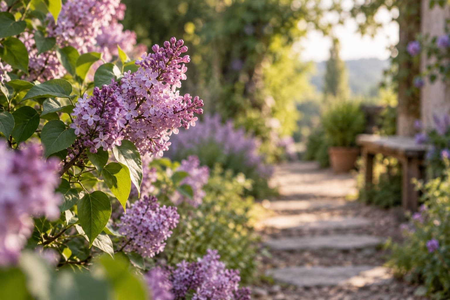 Lilac blossom beside a sunlit garden path
